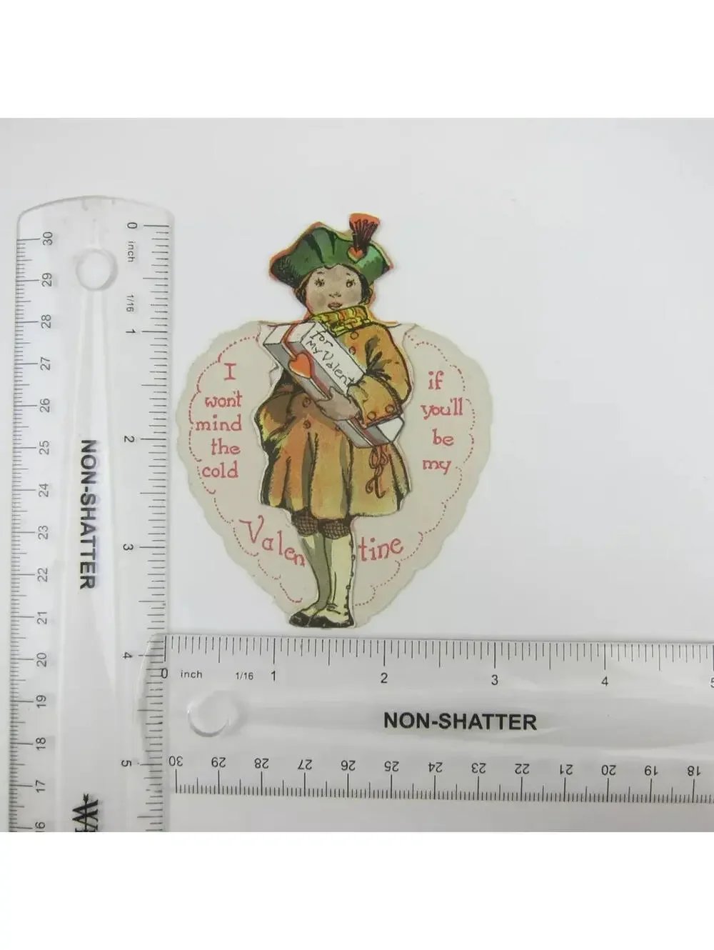 Vintage Valentine Black Americana Girl Green Beret Hat Red Heart Cutout Stand Up